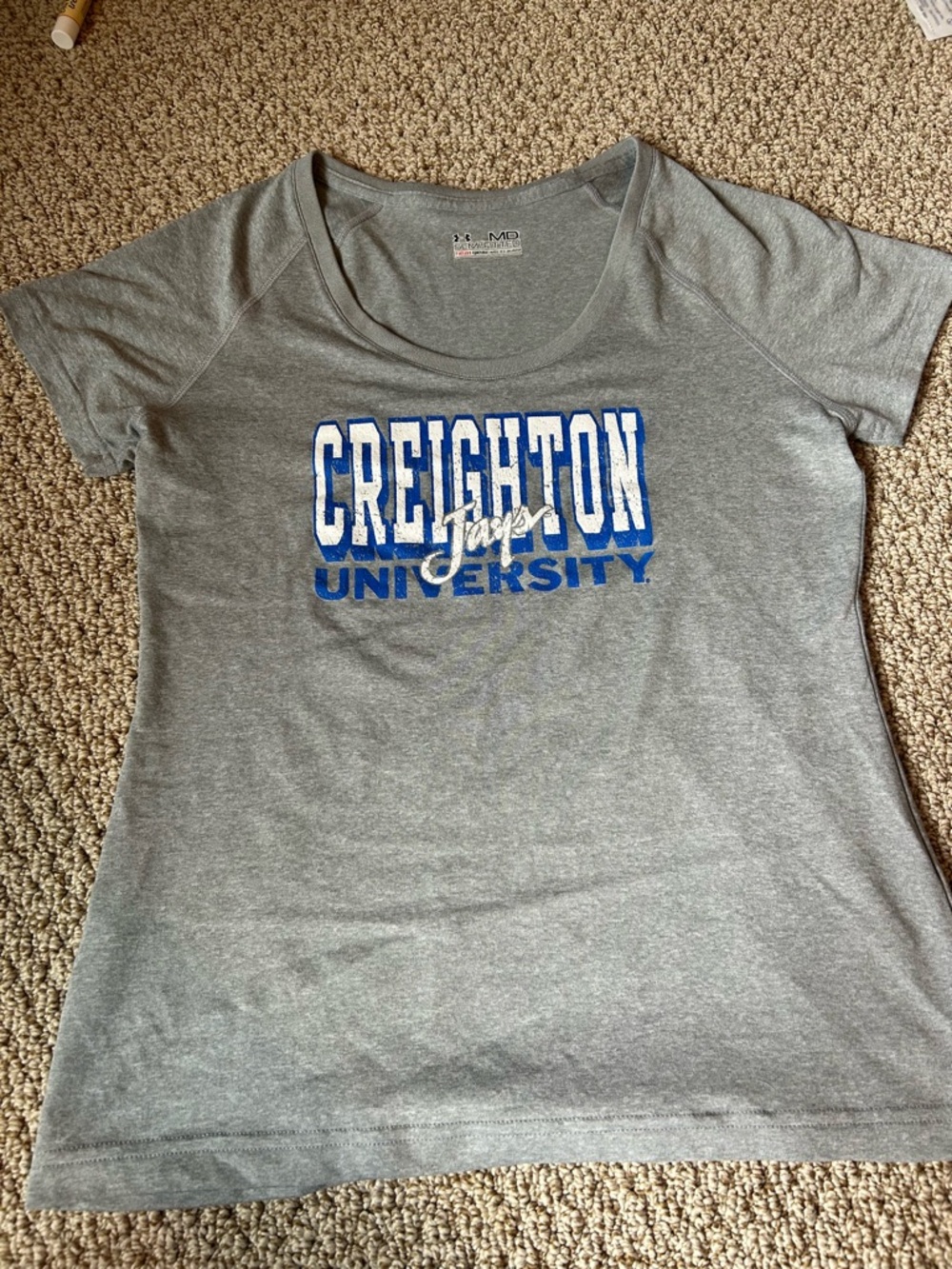 Under Armour Gray Scoop Neck Tee with Blue and White Logo